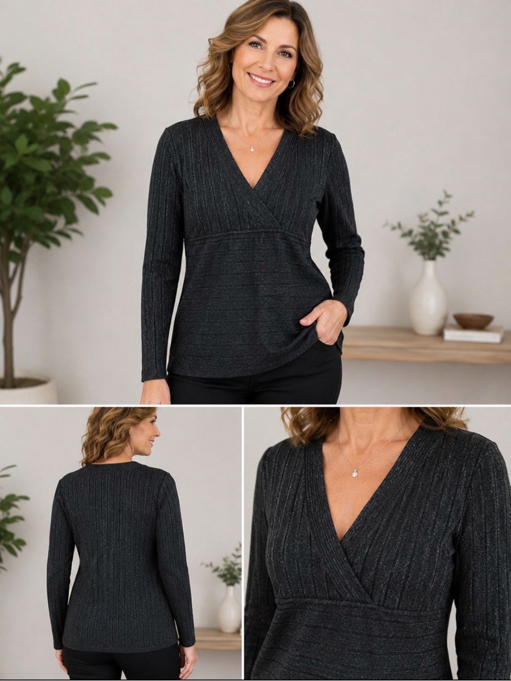 Style & Co Black Metallic Ribbed V-Neck Sweater Top Size Large